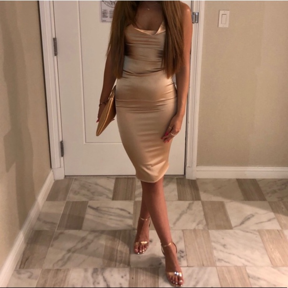 Oh Polly Cowl Neck Satin Dress in Champagne